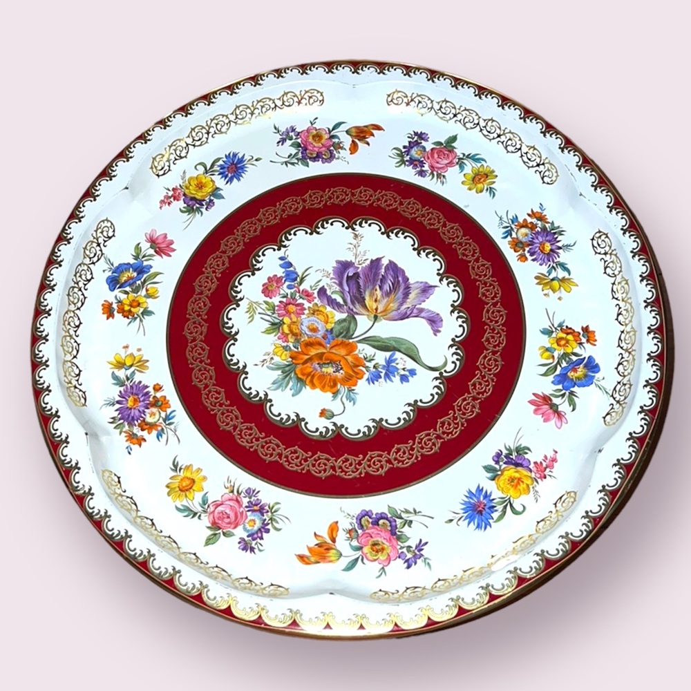 Vintage Daher Decorated Ware Metal Platter with Flower Designs & Scalloped Edge